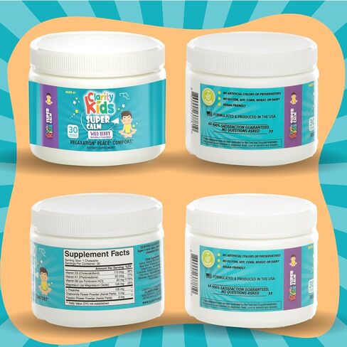 Clarity Kids Super Calm | Magnesium Chewable Vitamin for Children Comfort Focus and Relaxation | All Natural Calm Supplement with L-Theanine | USA Made | 30 Piece in Saudi Arabia