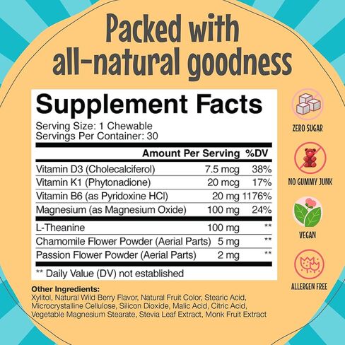 Clarity Kids Super Calm | Magnesium Chewable Vitamin for Children Comfort Focus and Relaxation | All Natural Calm Supplement with L-Theanine | USA Made | 30 Piece in Saudi Arabia
