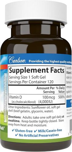 Carlson - Vitamin D3, 4000 IU (100 mcg), Vitamin D Supplements, Bone & Immune Health, Cholecalciferol Supplement, Gluten Free Vitamin D Capsules, 120 Softgels in Saudi Arabia