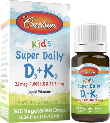 Carlson - Kid's Super Daily D3+K2, 25 mcg (1,000 IU) D3 & 22.5 mcg K2, Vitamin D Drops with Vitamin K2, Liquid Vitamins, 1000 IU Vitamin D3, Heart & Bone Health, 1-Year Supply, Unflavored, 360 Drops in Saudi Arabia