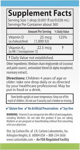 Carlson - Kid's Super Daily D3+K2, 25 mcg (1,000 IU) D3 & 22.5 mcg K2, Vitamin D Drops with Vitamin K2, Liquid Vitamins, 1000 IU Vitamin D3, Heart & Bone Health, 1-Year Supply, Unflavored, 360 Drops in Saudi Arabia