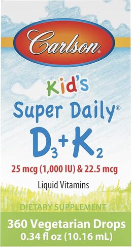 Carlson - Kid's Super Daily D3+K2, 25 mcg (1,000 IU) D3 & 22.5 mcg K2, Vitamin D Drops with Vitamin K2, Liquid Vitamins, 1000 IU Vitamin D3, Heart & Bone Health, 1-Year Supply, Unflavored, 360 Drops in Saudi Arabia