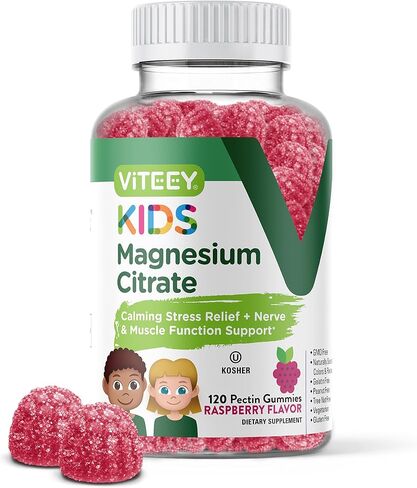 Kids Magnesium Citrate Gummies - Supports Sleep Aid, Calm Gummies, Muscle Relaxer, Optimal Relaxation - Vegetarian, Gelatin Free, Gluten Free, GMO Free - Tasty Chewable Raspberry Flavored Gummy in Kuwait