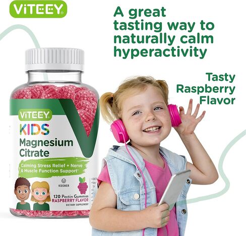 Kids Magnesium Citrate Gummies - Supports Sleep Aid, Calm Gummies, Muscle Relaxer, Optimal Relaxation - Vegetarian, Gelatin Free, Gluten Free, GMO Free - Tasty Chewable Raspberry Flavored Gummy in Kuwait