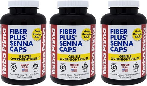 Yerba Prima Fiber Plus Senna Capsules, 180 Count (Pack of 3) - 118 Servings of Gentle Overnight Relief, USA Made, Non-GMO, Certified Gluten-Free, for Short-Term Use to Restore Regularity in Saudi Arabia