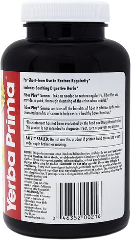 Yerba Prima Fiber Plus Senna Capsules, 180 Count (Pack of 3) - 118 Servings of Gentle Overnight Relief, USA Made, Non-GMO, Certified Gluten-Free, for Short-Term Use to Restore Regularity in Saudi Arabia