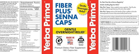 Yerba Prima Fiber Plus Senna Capsules, 180 Count (Pack of 3) - 118 Servings of Gentle Overnight Relief, USA Made, Non-GMO, Certified Gluten-Free, for Short-Term Use to Restore Regularity in Saudi Arabia