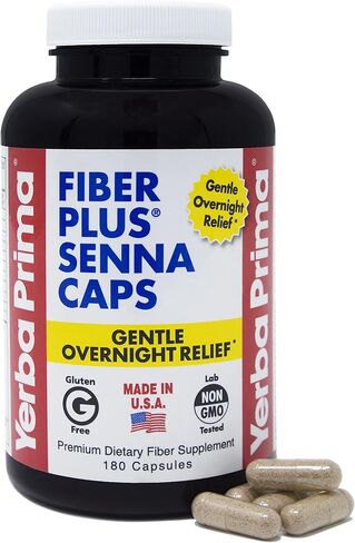 Yerba Prima Fiber Plus Senna Capsules, 180 Count (Pack of 3) - 118 Servings of Gentle Overnight Relief, USA Made, Non-GMO, Certified Gluten-Free, for Short-Term Use to Restore Regularity in Saudi Arabia