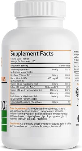 Bronson Vitamin B Complex (Vitamin B1, B2, B3, B6, B9 - Folic Acid, B12), 100 Tablets in Saudi Arabia