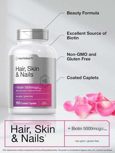 Hair Skin and Nails Vitamins | 150 Caplets | with Biotin and Collagen | Supplement for Women and Men | Non-GMO, Gluten Free | by Horbaach in Saudi Arabia