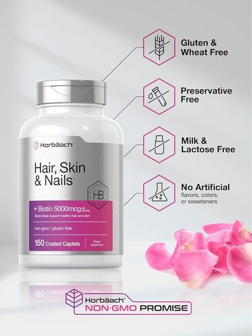 Hair Skin and Nails Vitamins | 150 Caplets | with Biotin and Collagen | Supplement for Women and Men | Non-GMO, Gluten Free | by Horbaach in Saudi Arabia