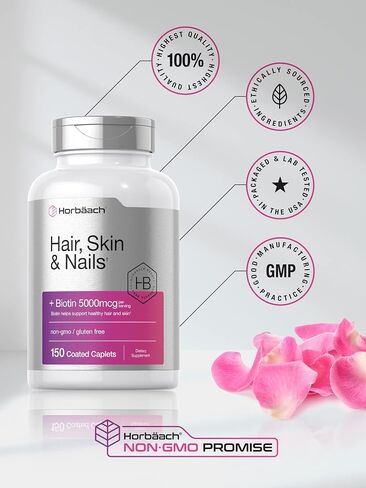 Hair Skin and Nails Vitamins | 150 Caplets | with Biotin and Collagen | Supplement for Women and Men | Non-GMO, Gluten Free | by Horbaach in Saudi Arabia