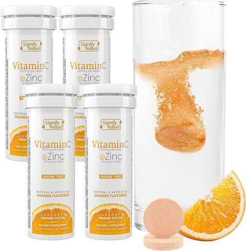 Vitamin C 1000mg Effervescent Tablets - Potent Immune Support VIT C with Zinc Supplement - Sugar-Free & Vegan Formula | Dissolvable Vitamin C Tablets - Water Soluble Fizzy Elixir - 20CT in Kuwait