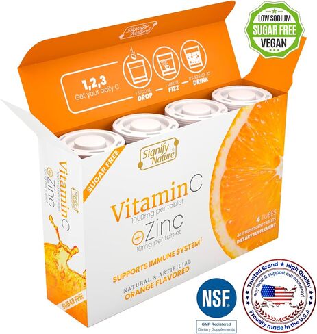 Vitamin C 1000mg Effervescent Tablets - Potent Immune Support VIT C with Zinc Supplement - Sugar-Free & Vegan Formula | Dissolvable Vitamin C Tablets - Water Soluble Fizzy Elixir - 20CT in Kuwait