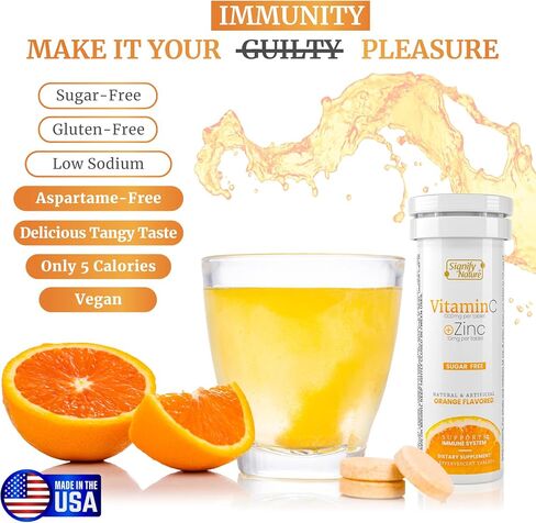 Vitamin C 1000mg Effervescent Tablets - Potent Immune Support VIT C with Zinc Supplement - Sugar-Free & Vegan Formula | Dissolvable Vitamin C Tablets - Water Soluble Fizzy Elixir - 20CT in Kuwait