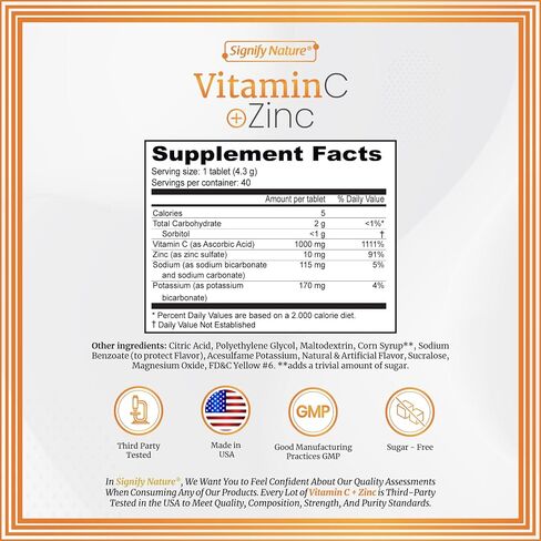 Vitamin C 1000mg Effervescent Tablets - Potent Immune Support VIT C with Zinc Supplement - Sugar-Free & Vegan Formula | Dissolvable Vitamin C Tablets - Water Soluble Fizzy Elixir - 20CT in Kuwait