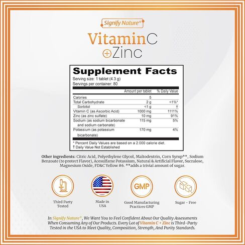 Vitamin C 1000mg Effervescent Tablets - Potent Immune Support VIT C with Zinc Supplement - Sugar-Free & Vegan Formula | Dissolvable Vitamin C Tablets - Water Soluble Fizzy Elixir - 20CT in Kuwait