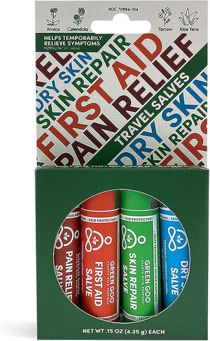 مجموعة مرهم السفر الأساسية من Green Goo Everyday Essential، مرهم طبيعي للبشرة الجافة، مرهم لإصلاح البشرة، مرهم للإسعافات الأولية ومرهم لتخفيف الآلام، 0.15 أونصة (4 أنابيب) in Kuwait