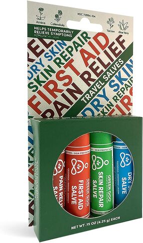 مجموعة مرهم السفر الأساسية من Green Goo Everyday Essential، مرهم طبيعي للبشرة الجافة، مرهم لإصلاح البشرة، مرهم للإسعافات الأولية ومرهم لتخفيف الآلام، 0.15 أونصة (4 أنابيب) in Kuwait