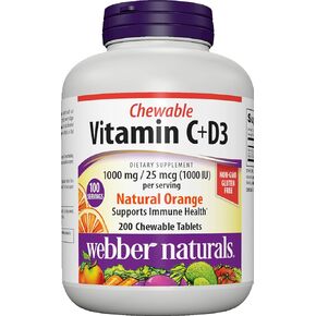 Webber Naturals Vitamin C+D3, 200 Chewable Orange Tablets, 1,000 mg of Vitamin C with 1,000 IU of Vitamin D3 Per Serving, Bones, Teeth, Immune and Antioxidant Support, Non GMO, Dairy & Gluten Free in Kuwait