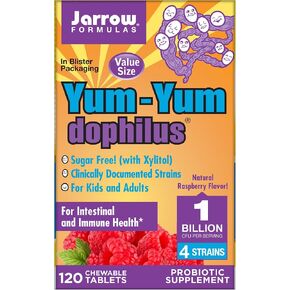 Jarrow Formulas Yum-Yum Dophilus، مكمل بروبيوتيك التوت الطبيعي - 1 مليار كائن حي لكل وجبة - 120 قرص قابل للمضغ - صحة الأمعاء والمناعة - للأطفال والكبار (قد تختلف التعبئة والتغليف) in Kuwait