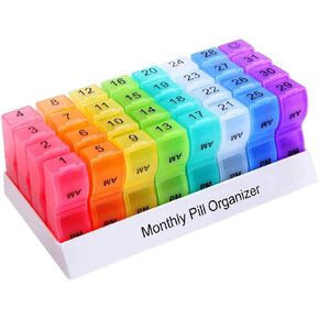 XINHOME Monthly Pill Organizer Box - 31 Day AM/PM Daily Pill Case 32 Compartments for Each Day, Pill Dispenser Container to Hold Vitamins, Supplements and Medication - Includes Gray Plush Pouch in Kuwait