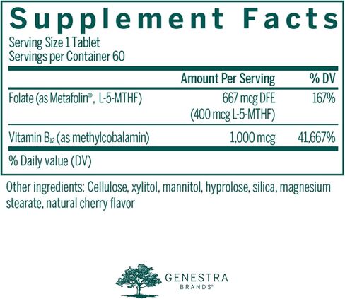 Genestra Brands Active Chewable B12 with L-Methylfolate | Chewable Vitamin B12 and Folate Supplement | 60 Chewable Tablets | Natural Cherry Flavor in Saudi Arabia