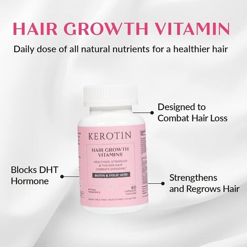 Kerotin Hair Growth Vitamins, Biotin Supplement, DHT Blocker, Collagen Stimulator, for Hair Loss Support, Nail & Skin Care, Includes Saw Palmetto, Vitamin D3 & More - 60 Pills (1 Month Supply) in Saudi Arabia