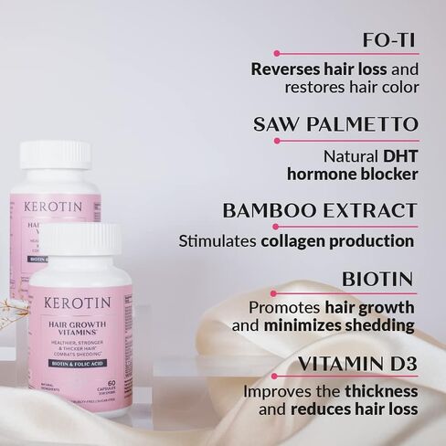 Kerotin Hair Growth Vitamins, Biotin Supplement, DHT Blocker, Collagen Stimulator, for Hair Loss Support, Nail & Skin Care, Includes Saw Palmetto, Vitamin D3 & More - 60 Pills (1 Month Supply) in Saudi Arabia