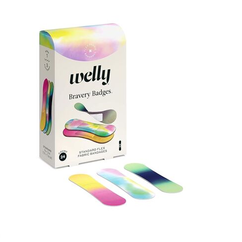 حزمة إعادة تعبئة ضمادات Welly - شارات شجاعة، ضمادات قماشية مرنة لاصقة، أشكال قياسية، أنماط صبغ ربطة عنق ملونة - 24 قطعة، 4 عبوات in Kuwait