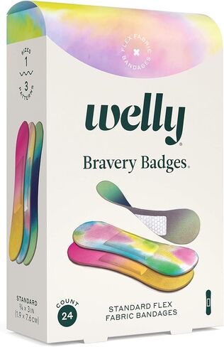 حزمة إعادة تعبئة ضمادات Welly - شارات شجاعة، ضمادات قماشية مرنة لاصقة، أشكال قياسية، أنماط صبغ ربطة عنق ملونة - 24 قطعة، 4 عبوات in Kuwait