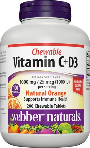Webber Naturals Vitamin C+D3, 200 Chewable Orange Tablets, 1,000 mg of Vitamin C with 1,000 IU of Vitamin D3 Per Serving, Bones, Teeth, Immune and Antioxidant Support, Non GMO, Dairy & Gluten Free in Saudi Arabia
