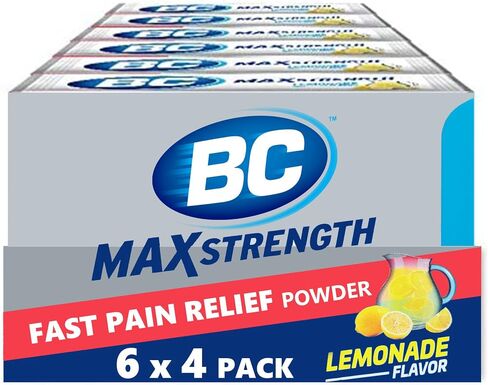 BC MAX Strength Fast Pain Relief Powder, Lemonade Flavor Aspirin 500mg and Acetaminophen 500mg Dissolve Packs, 4 Count, 6 Pack in Kuwait