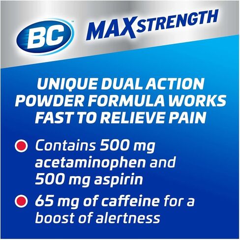 BC MAX Strength Fast Pain Relief Powder, Lemonade Flavor Aspirin 500mg and Acetaminophen 500mg Dissolve Packs, 4 Count, 6 Pack in Kuwait