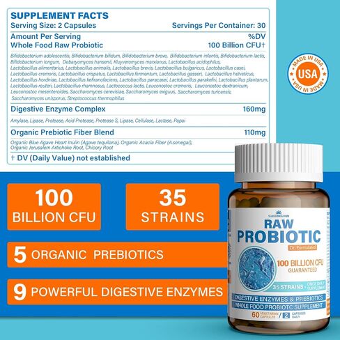 Raw Probiotics for Women & Men - 100 Billion CFU, 35 Strains, Organic Prebiotics & Natural Digestive Enzymes for Digestive, Gut & Immune Health - Dairy, Soy and Gluten Free, Non-GMO, 60 Vegan Capsules in Saudi Arabia
