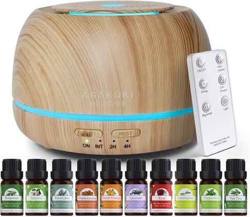 ASAKUKI Essential Oil Diffusers with 10Pcs*10ml Pure Essential Oil Gift Set, 5 in 1 Ultrasonic 300ML Aromatherapy Fragrant Oil Humidifier Vaporizer with Remote Control, Timer and Auto-Off-Yellow in Kuwait