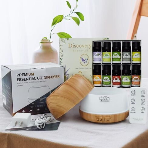 ASAKUKI Essential Oil Diffusers with 10Pcs*10ml Pure Essential Oil Gift Set, 5 in 1 Ultrasonic 300ML Aromatherapy Fragrant Oil Humidifier Vaporizer with Remote Control, Timer and Auto-Off-Yellow in Kuwait