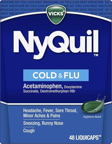 Vicks NyQuil Cold and Flu Relief Liquid Medicine, Powerful Multi-Symptom Nighttime Relief for Headache, Fever, Sore Throat, Minor Aches and Pains, Sneezing, Runny Nose, and Cough, 48 Liquicaps in Saudi Arabia