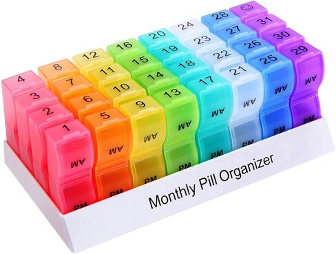 XINHOME Monthly Pill Organizer Box - 31 Day AM/PM Daily Pill Case 32 Compartments for Each Day, Pill Dispenser Container to Hold Vitamins, Supplements and Medication - Includes Gray Plush Pouch in Kuwait