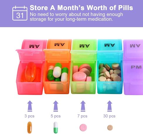 XINHOME Monthly Pill Organizer Box - 31 Day AM/PM Daily Pill Case 32 Compartments for Each Day, Pill Dispenser Container to Hold Vitamins, Supplements and Medication - Includes Gray Plush Pouch in Kuwait