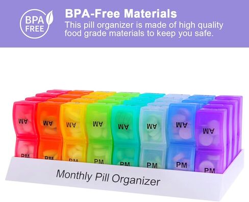 XINHOME Monthly Pill Organizer Box - 31 Day AM/PM Daily Pill Case 32 Compartments for Each Day, Pill Dispenser Container to Hold Vitamins, Supplements and Medication - Includes Gray Plush Pouch in Kuwait