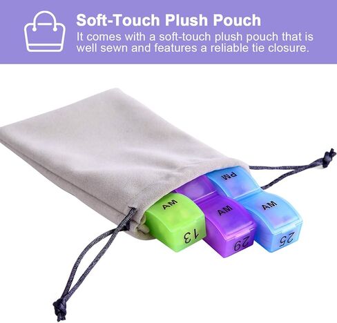 XINHOME Monthly Pill Organizer Box - 31 Day AM/PM Daily Pill Case 32 Compartments for Each Day, Pill Dispenser Container to Hold Vitamins, Supplements and Medication - Includes Gray Plush Pouch in Kuwait