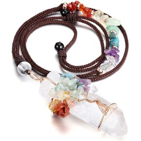 Jovivi Chakra Gemstone Tree of Life Wire Wrapped Natural Clear Quartz Healing Crystal Point Pendant Necklace Mother's Day Gift