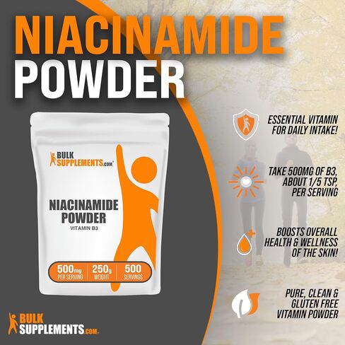 BulkSupplements.com Niacinamide Powder - Niacinamide Supplement, Vitamin B3 Supplement, Niacinamide 500mg - B3 Vitamins for Skin Health, Pure & Gluten Free - 500mg per Serving, 500g (1.1 lbs) in Saudi Arabia