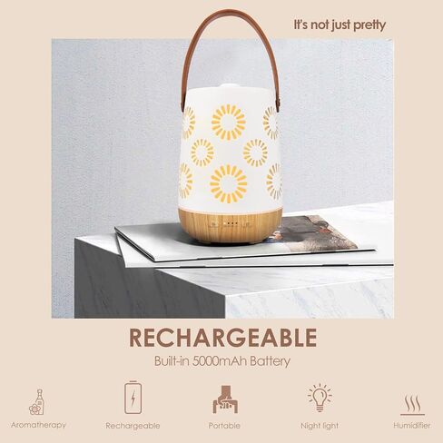 Ceramic Cordless Essential Oil Diffusers, Rechargeable Wireless Diffusers for Essential Oils, Sunflower Portable Ultrasonic Aromatherapy Diffusers with Leather Handle, for Camping Travel Home Office in Kuwait