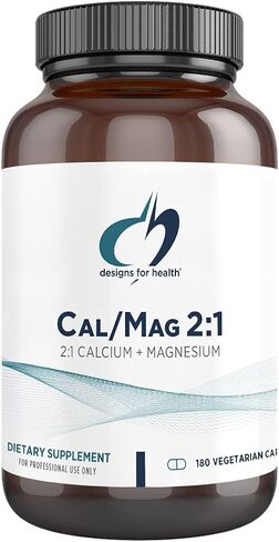 Designs for Health Cal/Mag 2:1 - 150 ملغ من مالات المغنيسيوم المخلب + 300 ملغ من مكملات مالات الكالسيوم - غير معدلة وراثيًا، مغذيات عالية الامتصاص لدعم العظام (180 كبسولة) in Saudi Arabia