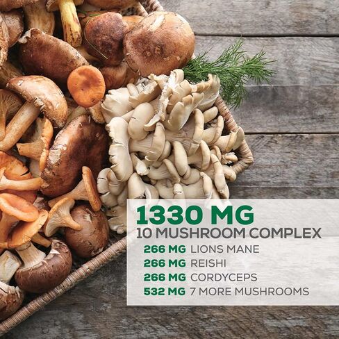 Mushroom Supplement - 10 Mushroom Complex - Lions Mane, Reishi, Turkey Tail, Chaga, Cordyceps, Shiitake, & Maitake - Nootropic Brain Supplement, Memory, Focus, & Imumune Health Support - 120 Capsules in Saudi Arabia