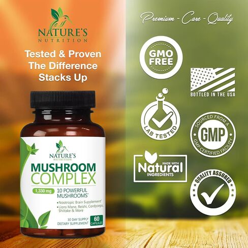 Mushroom Supplement - 10 Mushroom Complex - Lions Mane, Reishi, Turkey Tail, Chaga, Cordyceps, Shiitake, & Maitake - Nootropic Brain Supplement, Memory, Focus, & Imumune Health Support - 120 Capsules in Saudi Arabia