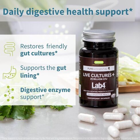 Live Cultures+ Lab4 Probiotics & Prebiotic, Vegan Lactobacillus Acidophilus & Bifidobacterium, Guaranteed 25 Billion CFU, Non-Bloating Gut Health Support for Men & Women, 30 Capsules, by Igennus in Saudi Arabia