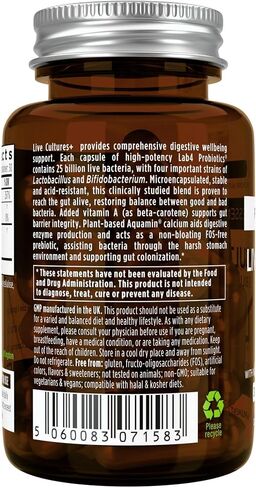 Live Cultures+ Lab4 Probiotics & Prebiotic, Vegan Lactobacillus Acidophilus & Bifidobacterium, Guaranteed 25 Billion CFU, Non-Bloating Gut Health Support for Men & Women, 30 Capsules, by Igennus in Saudi Arabia